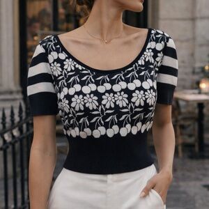 MAEVE Anthropologie | Trixie Cherry Floral Knit Sweater  | XL | Black & White